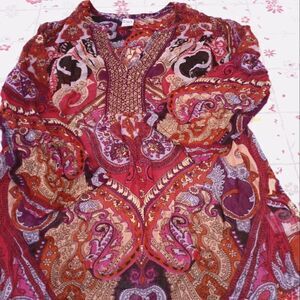 BILA Women's Top Multicolored Beaded Designer V Neck 3/4 Sleeve Blouse Size M